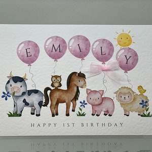 Personalisierte erste Geburtstagskarte, erste Geburtstagskarte, 1. Geburtstagskarte, Mädchen 1. Geburtstag Tierkarte, Bauernhoftiere