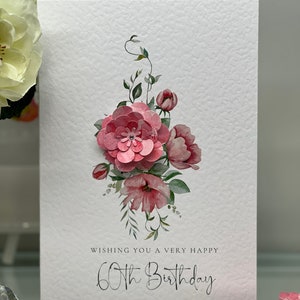 Tarjeta de cumpleaños número 60, tarjeta de sexagésimo cumpleaños, tarjeta de 60 años, tarjeta feliz 60, tarjeta de lujo 60, recuerdo 60, flores 3D, tarjeta de flores rosas