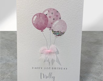 Personalised Happy Birthday Card, Personalised Handmade Birthday Card, Pink Balloons Filled With Tiny Gems, Granddaughter Card, Keepsake