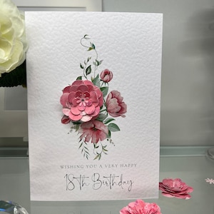 Cartão de 18º aniversário, cartão de 18º aniversário, 18º cartão, feliz 18º cartão, 18º cartão de luxo, lembrança 18º, flores 3D, cartão de flor rosa