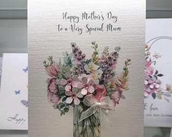 Mother's Day Card, Handmade Mother's Day Card, Luxury Mother's Day Card, Special Mother's Day Card, Watercolour Flowers, Gems, Keepsake Card