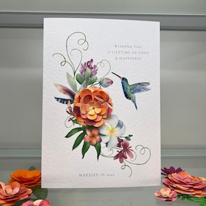 Hochzeitskarte, Hochzeit Glückwunschkarte, tropische Hochzeit, 3D Karte, Strandhochzeit, Luxuskarte, tropische helle Karte, florales Andenken