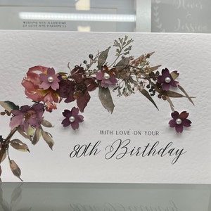 80º cartão de aniversário, 80º cartão de aniversário, 80º cartão, feliz 80º cartão, 80º cartão de luxo, lembrança 80º, flores 3D, cartão de aniversário de outono