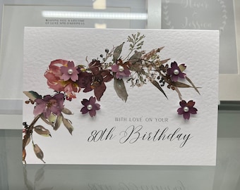 80th Birthday Card, Eightieth Birthday Card, 80th Card, Happy 80th Card, Luxury 80th Card, Keepsake 80th, 3D Flowers, Autumn Birthday Card