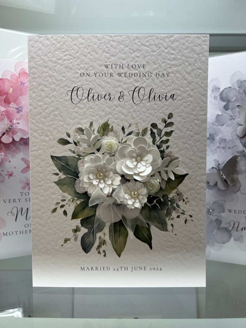 Personalised Wedding Card, 3d Paper Flowers, Wedding Card, Bride & Groom Card, Wedding Card, Bespoke Wedding Card. Keepsake Card, Bride zdjęcie 4
