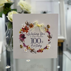 100e verjaardagskaart, 100e kaart, gelukkige 100e verjaardagskaart, luxe 100e kaart, speciaal aandenken 100e, 3D-bloemen, 3D-houten bijen