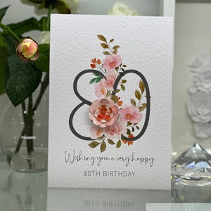 80e verjaardagskaart, tachtige verjaardagskaart, 80e kaart, gelukkige 80e kaart, luxe 80e kaart, aandenken 80e, 3D-bloemen, herfstkleuren