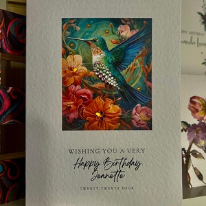 Carte d'anniversaire personnalisée, carte d'anniversaire de luxe 3D, carte d'anniversaire spéciale, colibri avec cristaux, carte d'anniversaire, carte de luxe d'un ami,