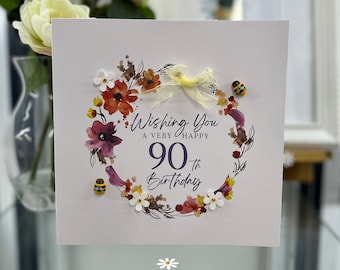 90e verjaardagskaart, negentigste verjaardagskaart, 90e kaart, gelukkige 90e kaart, luxe 90e kaart, aandenken 90e, 3d houten bijen, bijenliefhebberskaart