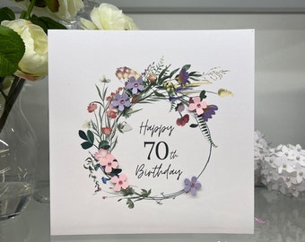 70th Birthday Card, Seventieth  Birthday Card, 70th Card, Happy 70th Card, Luxury 70th Card, Keepsake 70th, 3D Flowers, Wild Flower Wreath