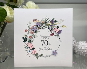 70e verjaardagskaart, zeventigste verjaardagskaart, 70e kaart, gelukkige 70e kaart, luxe 70e kaart, aandenken 70e, 3D-bloemen, wilde bloemenkrans