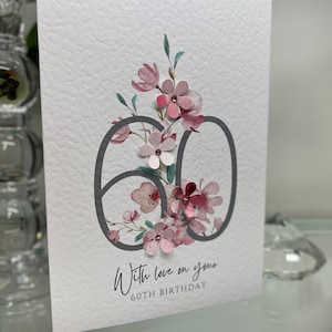 60e anniversaire carte, soixantième anniversaire carte, 60e carte, heureux 60e carte, luxe 60e carte, souvenir 60e, fleurs 3D, carte de fleurs de cerisier
