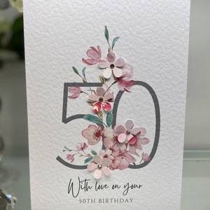 50er Geburtstagskarte, fünfziger Geburtstagskarte, 50er Karte, glücklicher 50er Karte, Luxus 50er Karte, Andenken 50er, 3D-Blumen, Kirschblütenkarte