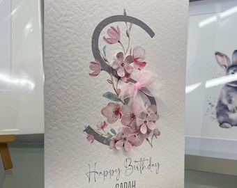 Personalised Birthday Card, Cherry Blossom, Daughter Birthday, Friend Birthday, Sister Birthday, Name Card, Inital Card, Handmade Card