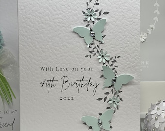 40th Birthday Card, Fortieth Birthday Card, 40th Card, Happy 40th Card, Luxury 40th Card, Keepsake 40th, 3D Butterflies With Gems
