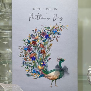 Muttertagskarte, handgemachte Muttertagskarte, Pfau-Design mit 3D-Blumen und Edelsteinen, Luxus-Muttertagskarte, mit Liebe zum Muttertag