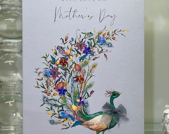 Mother's Day Card, Handmade Mother's Day Card, Peacock Design With 3d Flowers & Gems, Luxury Mother's Day Card,  With Love On Mother's Day