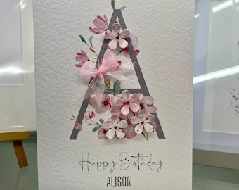 Personalised Birthday Card, Cherry Blossom, Daughter Birthday, Friend Birthday, Sister Birthday, Name Card, Inital Card, Handmade Card