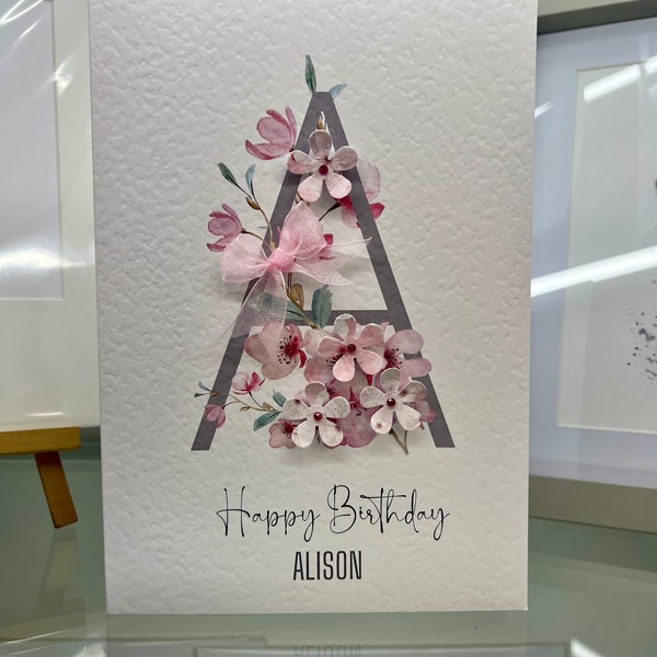 Personalised Birthday Card, Cherry Blossom, Daughter Birthday, Friend Birthday, Sister Birthday, Name Card, Inital Card, Handmade Card