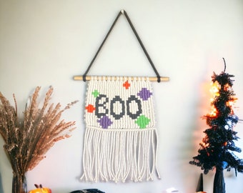 Halloween Wall Art, Macrame Pixel Hanging, Retro Boo Sign, Stylish Spooky Vibes