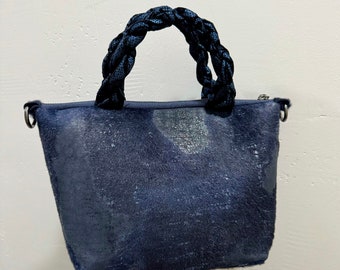 Navy Calfskin Braided Top Handle Bag, Handmade Hair On Calfskin Satchel, Leather Shoulder Bag, Calfskin Crossbody, Gift For Her