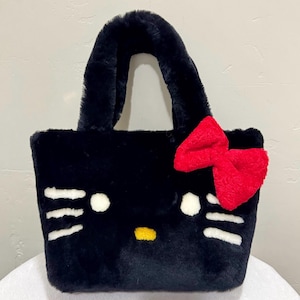 Colorblock Real Shearling Leather Large Tote, Handmade Shearling Cute Kitty Cat Shoulder Bag, Lambskin Handles Bag, Shearling Crossbody Bag
