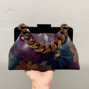 Chic Desgin Genuine Leather Floral Print & Acrylic Frame Handbag, Cowhide Wristlet, Leather Shoulder Bag, Full-grain Leather Crossbody