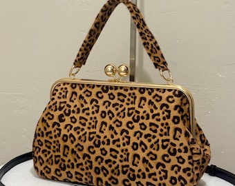 Leopard Print Hair-on Cowhide Handmade Kisslock Frame Bag, Vintage Style Clutch Bag, Includes 3 Strap Styles