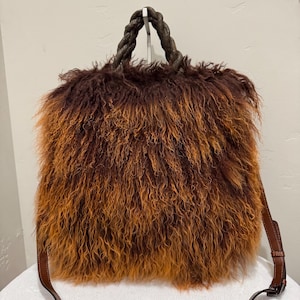 Brown Gradient Real Mongolian Lamb Fur Large Tote Bag, Handmade Lamb Fur Shoulder bag, Sheepskin Handle Bag, Mongolian Lamb Fur Crossbody