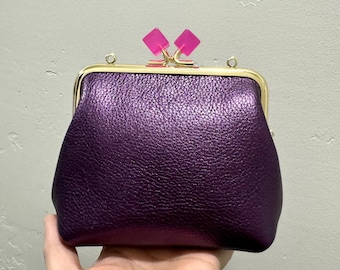 Purple Genuine Premium Pebble Leather Candy Kisslock Clutch/Wristlet/Crossbody Includes 2 Chain Styles