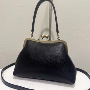 Black Pebble Cowhide Leather Handmade Retro Style Kisslock Frame Bag, Wristlet, Shoulder Bag, Crossbody Bag, Evening Bag