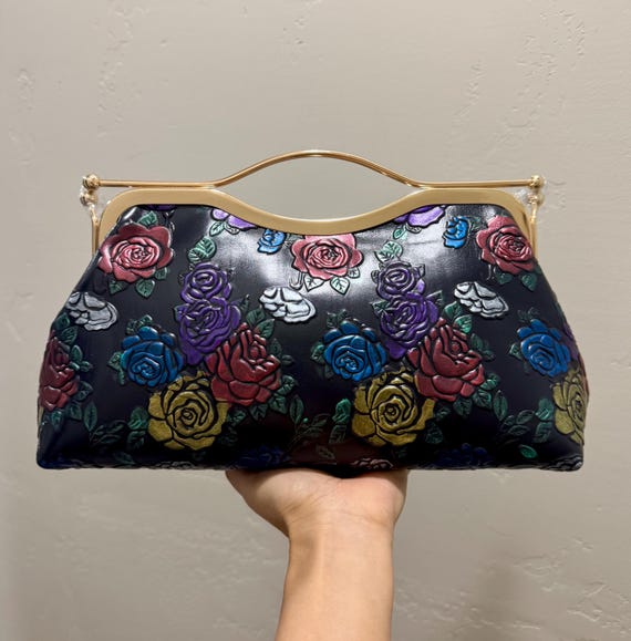 Rose Embossed Cowhide Leather Handmade Kisslock Handbag, Italian Embossed Leather Top Handle Bag, Shoulder Bag, Crossbody Bag