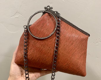 Handsewn  Genuine Embossed Leather Irregular Shaped Kisslock Wristlet/Ring Clutch/Shoulder bag/Crossbody/Evening Bag