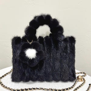 Bolso tipo cartera de piel de visón auténtica negra, bolso de mano de piel de visón hecho a mano con asa superior y adorno de flor de piel, bolso de hombro de piel de visón auténtica, bolso cruzado de piel de visón