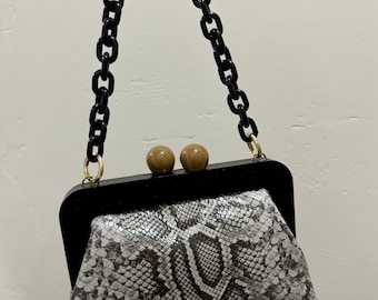 Genuine Embossed Leather Handmade Wooden Frame Clutch Bag, Embossed Snakeskin Leather Wristlet, Crossbody Bag