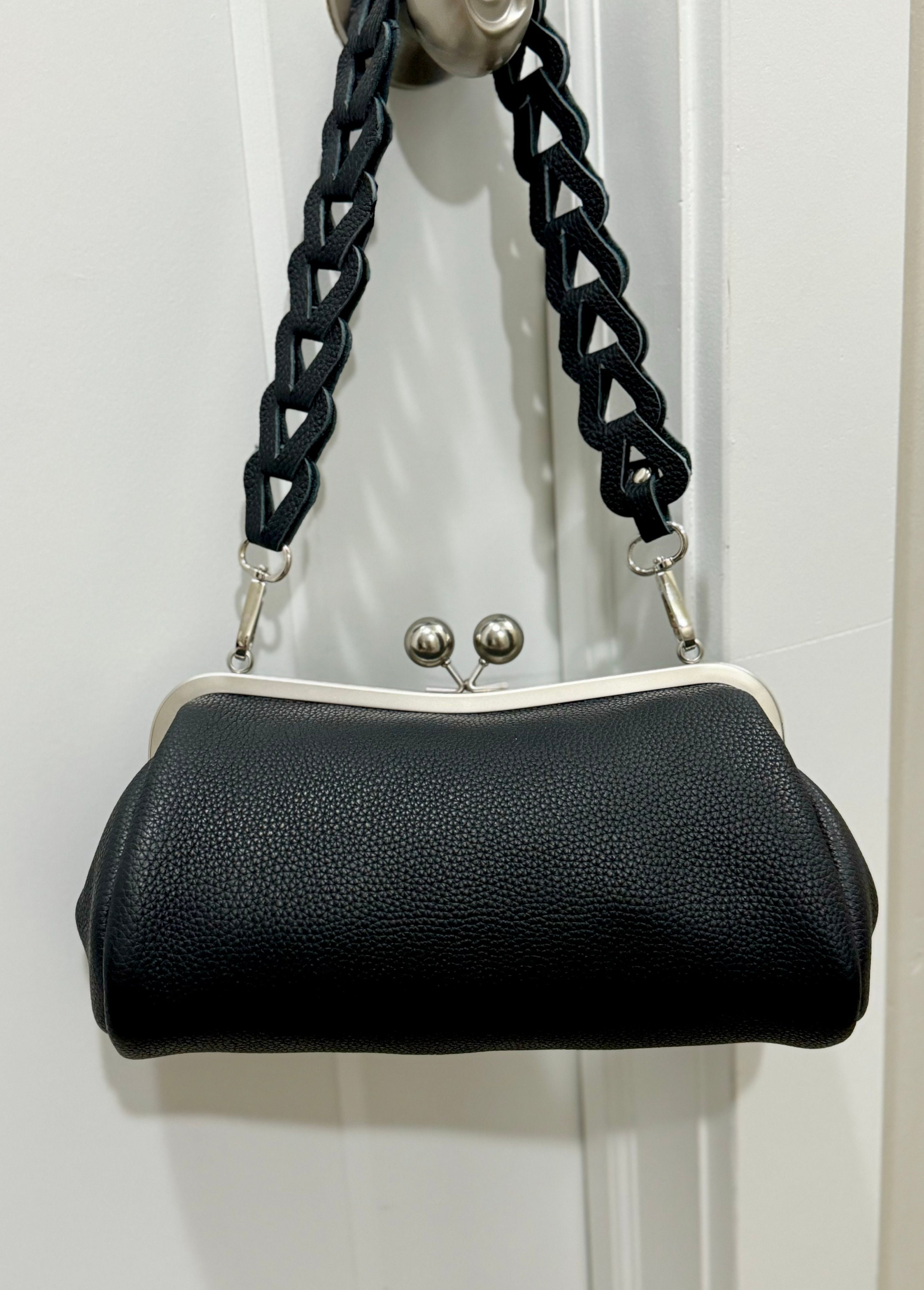 Black Genuine Pebble Leather Baguette Bag, Vintage Style