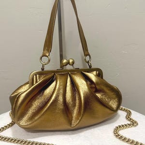 Dark Gold Genuine Lambskin Handmade Kisslock Frame Slouchy Bag, Premium Lambskin Clutch, Wristlet, Shoulder Bag, Crossbody, Evening Bag