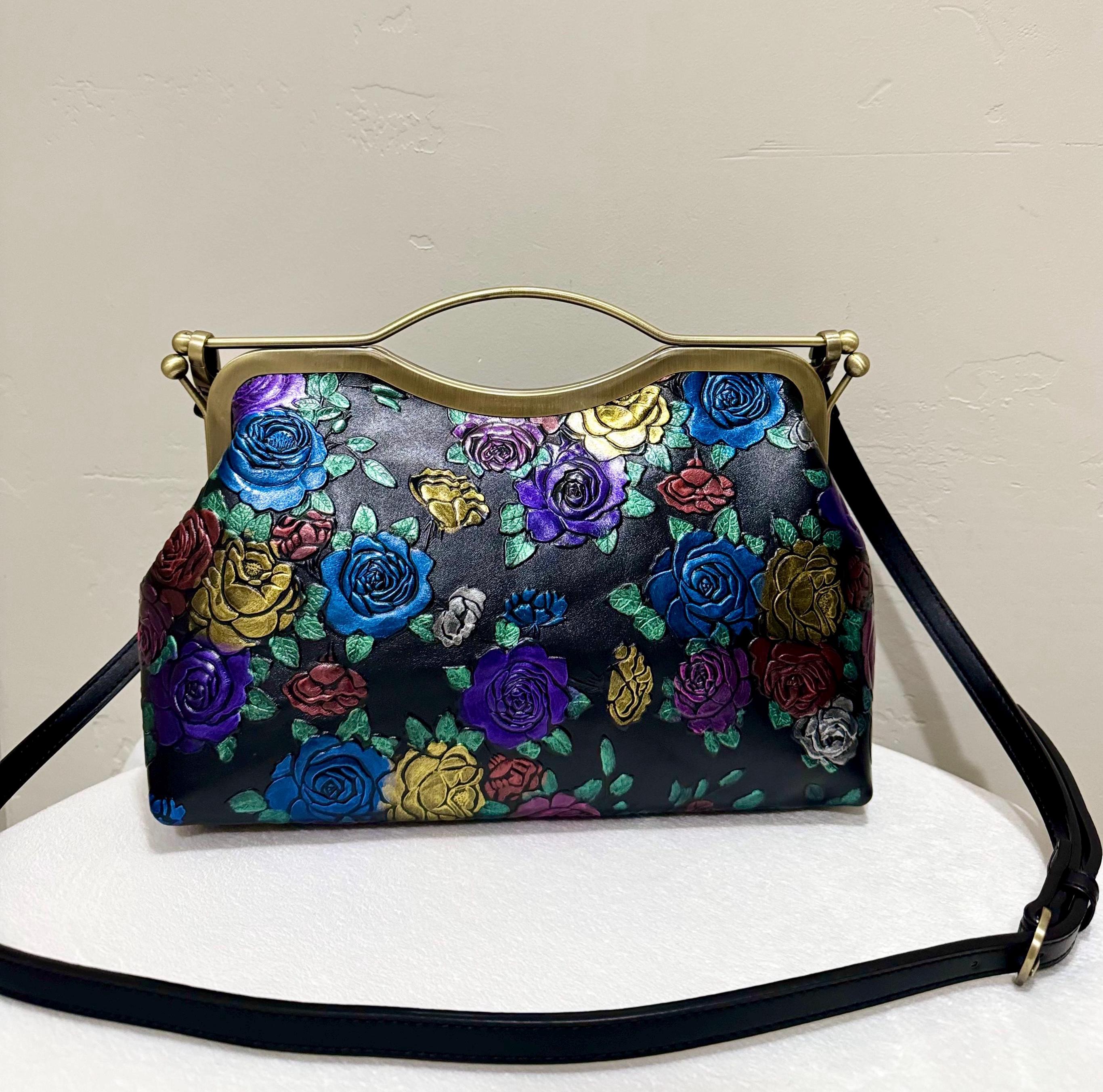 Colorful Roses Embossed Cowhide Top Handle Handbag, Chic