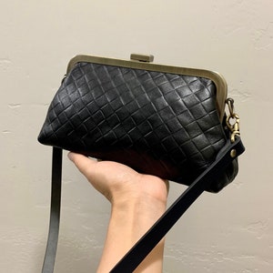 Black Genuine Lambskin Weave Textured Push-lock Clutch/Shoulder Bag /Crossbody/Evening bag