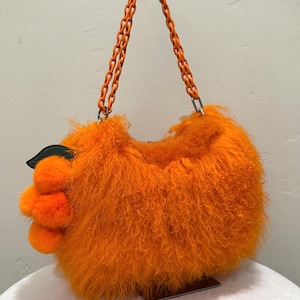 Orange Real Mongolian Lamb Fur Hobo Bag, Handt Real Shearling Half Moon Shoulder Bag, Lamb Fur Boho Crossbody Includes Fur Grapes Bag Charm