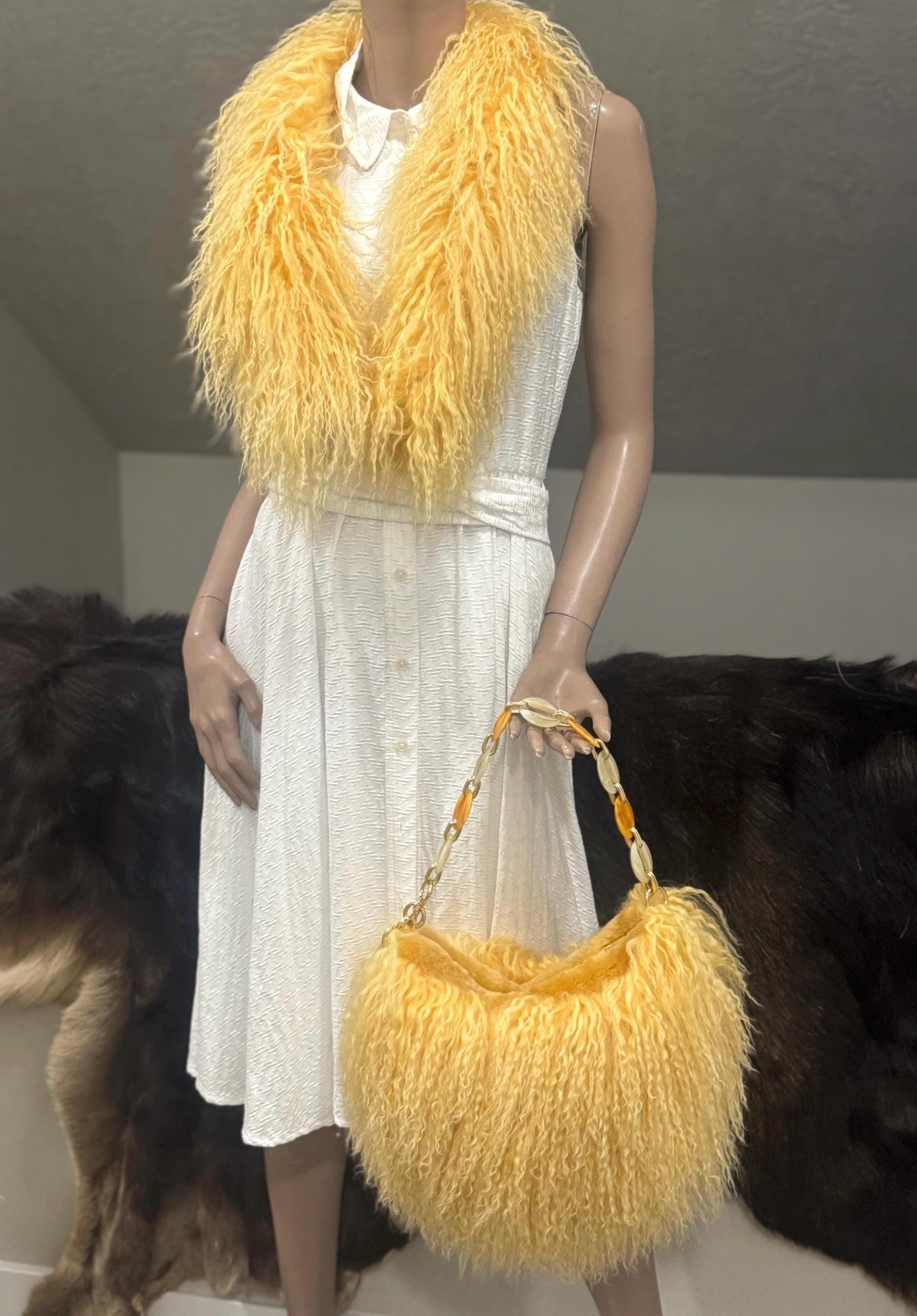URSFUR Women's Mongolian Lamb Clutch Purse With Chain - Rainbow Fur Handbag