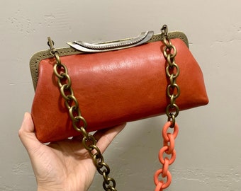 Vintage Style Handsewn Genuine  Cowhide Push-lock Clutch/Crossbody/Evening Bag Includes 2 Chain Styles