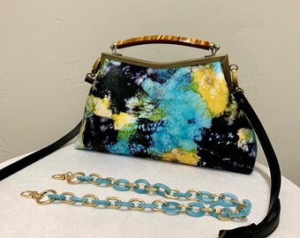 Handmade Genuine  Leather Tie-dye Printed Double Kisslock Top Handle Bag/Shoulder Bag/Crossbody Includes 2 Strap Styles