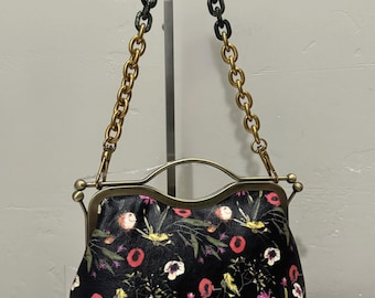 Floral Print Genuine Leather Handmade Vintage Style Kisslock Frame Bag, Top Shoulder Bag, Crossbody, Multi Use Style Bag