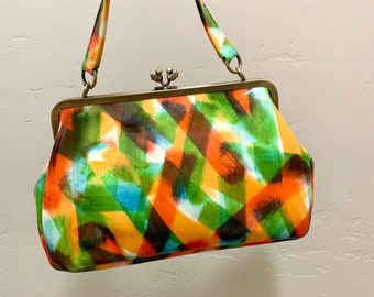 2 Straps Style Handmade Genuine Patent Leather Abstract Print "Birds" Kisslock Wristlet/Crossbody