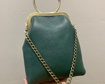 Vintage Oriental Style Genuine Pebble Leather kisslock Wristlet/Crossbody/Pouch