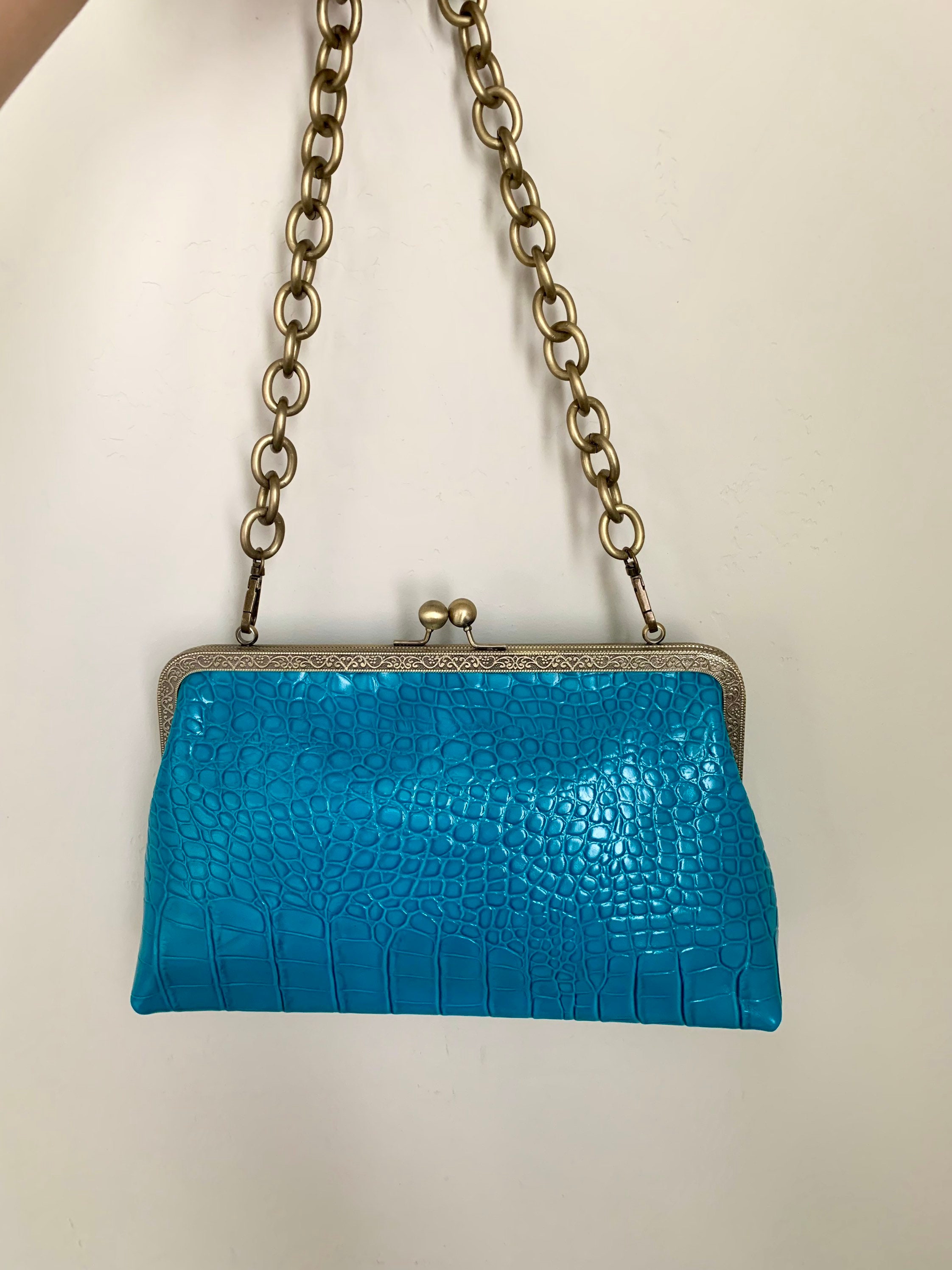 Genuine Embossed Leather kisslock Clutch/Crossbody/Evening bag & 2 Chain Styles