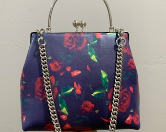 Purple Floral Genuine Leather Handbag, Rose Printed Metal Top Handle Satchel,Cowhide Shoulder Bag, Leather crossbody