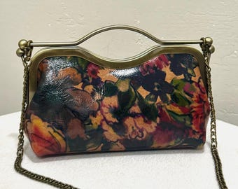 Floral Print Cowhide Leather Handmade Double Kisslock Clutch Bag, Crossbody Bag, Evening Bag