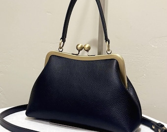 Black Pebble Cowhide Leather Handmade Retro Style Kisslock Frame Bag, Premium Leather Multi-Use Style Bag